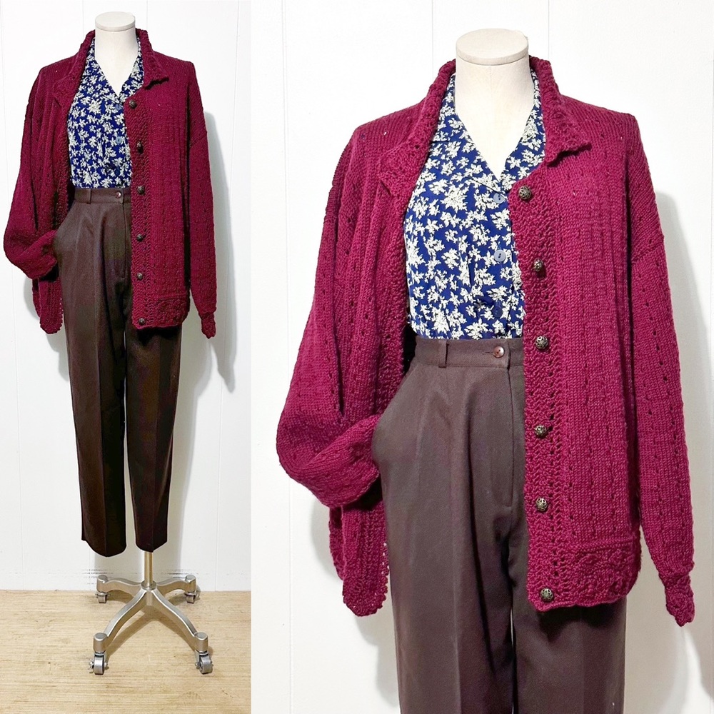 Hand Knit Cranberry Red Cardigan ft. Brass Buttons | Vintage